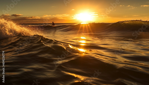 Surfing at dusk, one person adventure in nature beauty generated by AI