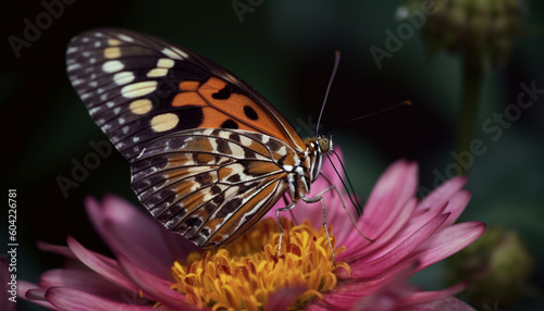 A spotted butterfly pollinates a vibrant purple flower outdoors generated by AI