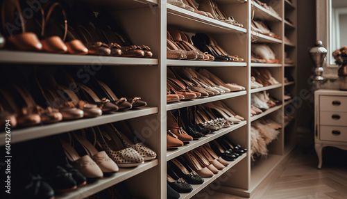 Large collection of leather shoes in modern boutique for sale generated by AI