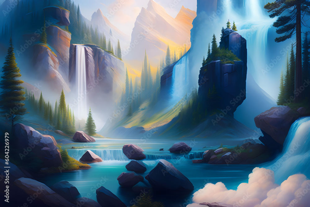realistic painting of the beauty of the stunning landscape with cascading waterfalls and majestic mountains, Generated AI
