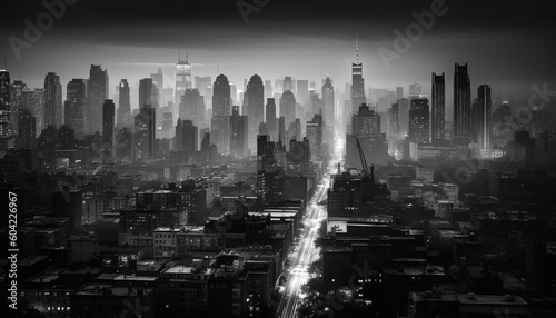 Modern city skyline illuminated by street lights at dusk growth generated by AI
