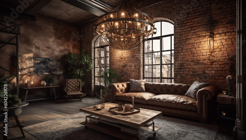 Modern rustic loft apartment with comfortable sofa and elegant decor generated by AI