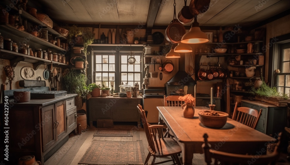 Rustic pottery and old fashioned crockery decorate modern kitchen shelf generated by AI