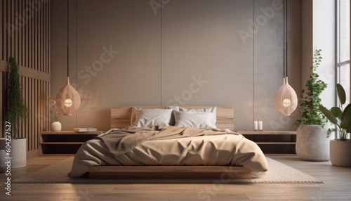 Modern luxury bedroom with comfortable bedding and elegant decor generated by AI
