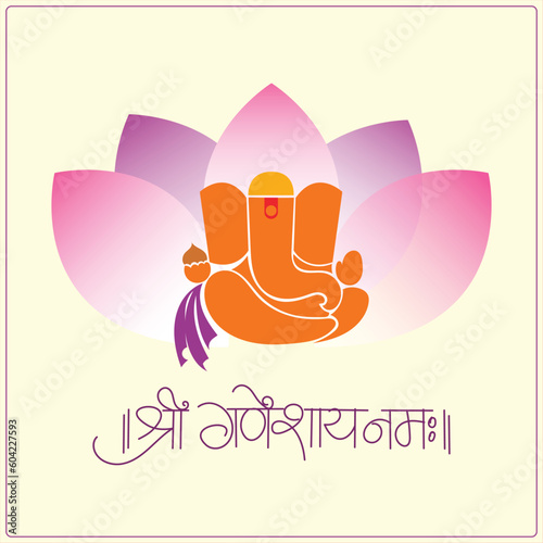 Shri ganesha minimal art on lotus with hindi calligraphy