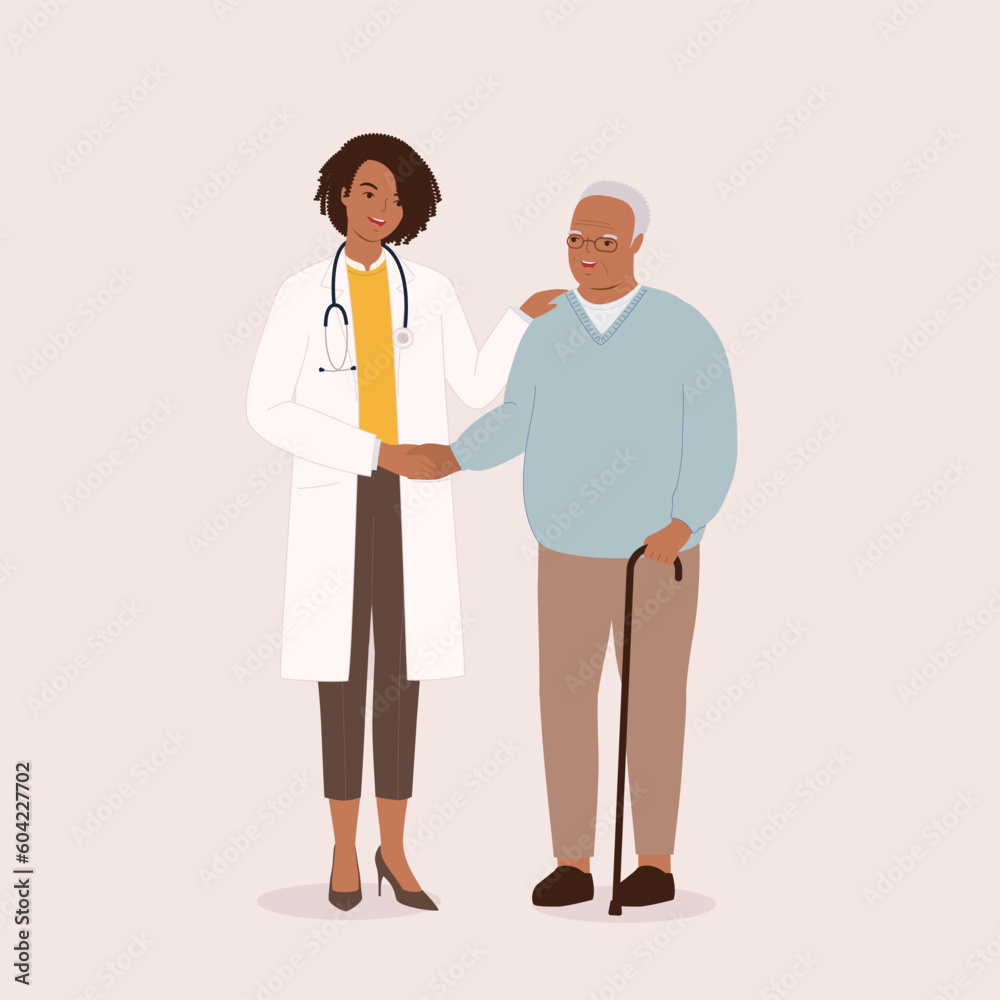 Smiling Black Female Doctor Receiving “Thank You” From A Grateful Senior Man. Full Length. Flat Design Style, Character, Cartoon. Smiling Black Female Doctor Receiving “Thank You” From A Grateful Senior Man. Full Length. Flat Design Style, Character, Cartoon.