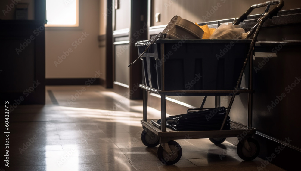 Empty luggage cart with metal container and wheels indoors generated by AI