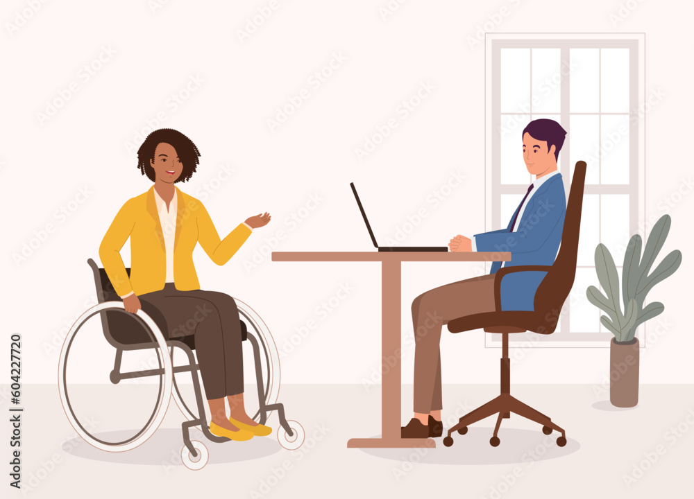 Smiling Black Woman Candidate With Wheelchair Having A Job Interview With A Manager At The Office. Full Length. Flat Design Style, Character, Cartoon.