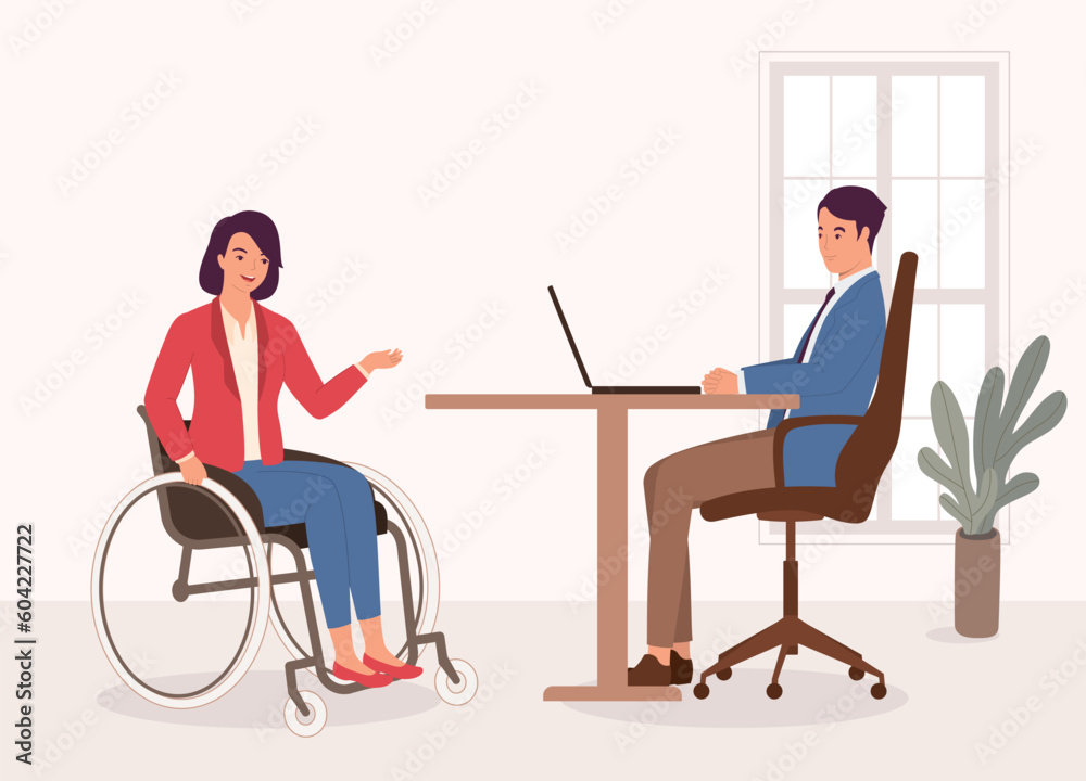 Smiling Woman Candidate With Wheelchair Having A Job Interview With A Manager At The Office. Full Length. Flat Design Style, Character, Cartoon.