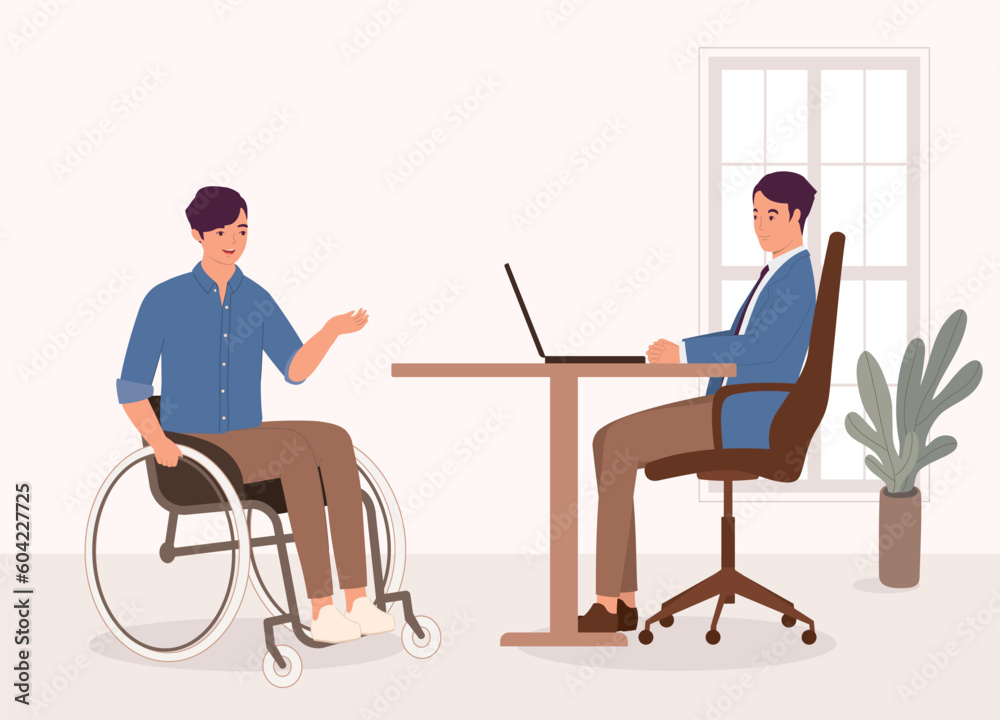 Smiling Man Candidate With Wheelchair Having A Job Interview With A Manager At The Office. Full Length. Flat Design Style, Character, Cartoon. Smiling Man Candidate With Wheelchair Having A Job Interview With A Manager At The Office. Full Length. Flat Design Style, Character, Cartoon.