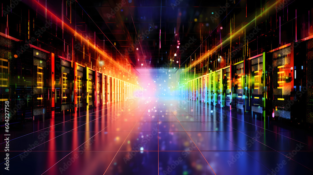Working Data Center With Rows of Rack Servers, Generative AI Technology Working Data Center With Rows of Rack Servers, Generative AI Technology