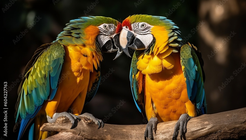 Vibrant macaw perching on branch, showcasing multi colored feather beauty generated by AI