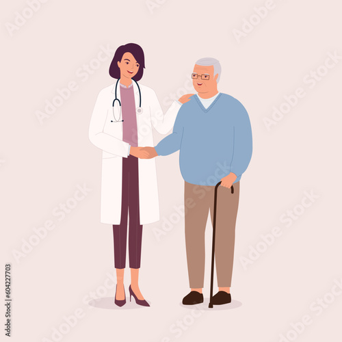 Smiling Female Doctor Receiving “Thank You” From A Grateful Senior Man. Full Length. Flat Design Style, Character, Cartoon.