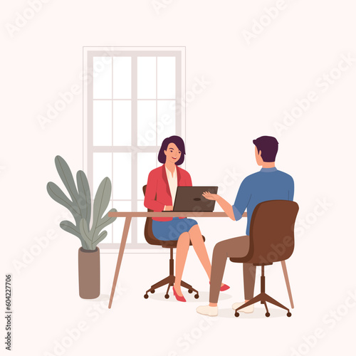Smiling Woman Manager Interviewing A Man Candidate For A Job Employment At The Office. Full Length. Flat Design Style, Character, Cartoon.