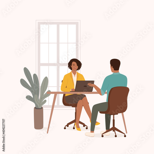 Smiling Black Woman Manager Interviewing A Man Candidate For A Job Employment At The Office. Full Length. Flat Design Style, Character, Cartoon.