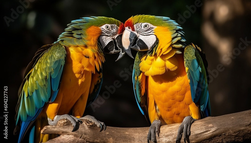 Vibrant macaw perching on branch, showcasing multi colored feather beauty generated by AI © Stockgiu