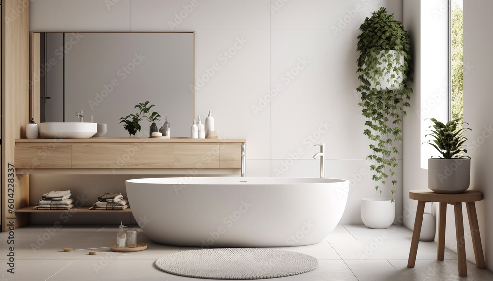 Modern elegance in a clean, sparse bathroom with marble flooring generated by AI Modern elegance in a clean, sparse bathroom with marble flooring generated by AI
