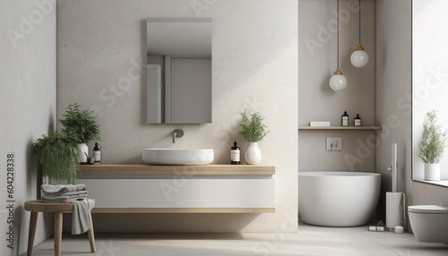 Modern elegance in a clean  spacious bathroom with marble flooring generated by AI