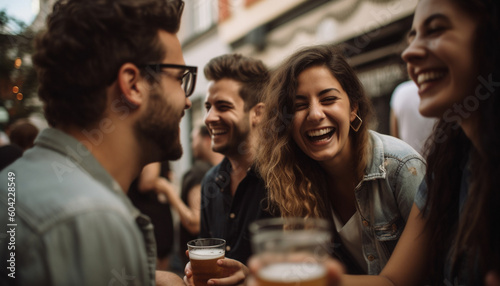 A multi ethnic group of adults enjoying drinks and laughter outdoors generated by AI