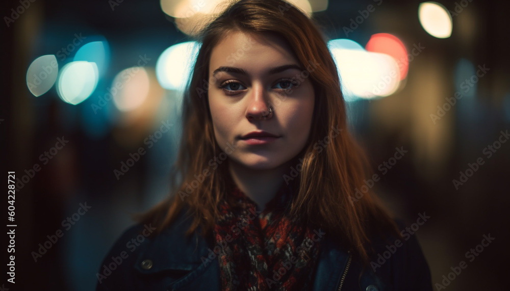 One young woman, illuminated by street light, smiling at camera generated by AI