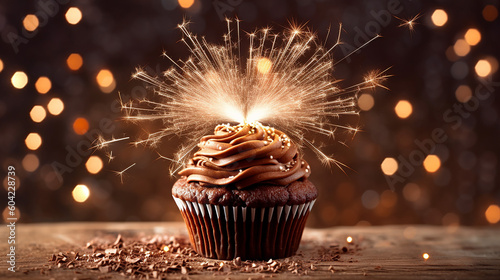 Chocolate cupcake with sparkler and heart of light. 