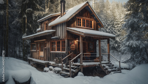 Rustic log cabin in snowy forest, perfect winter vacation destination generated by AI