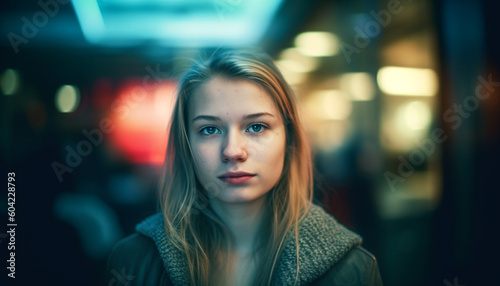 One young adult woman, Caucasian, looking at camera with beauty generated by AI