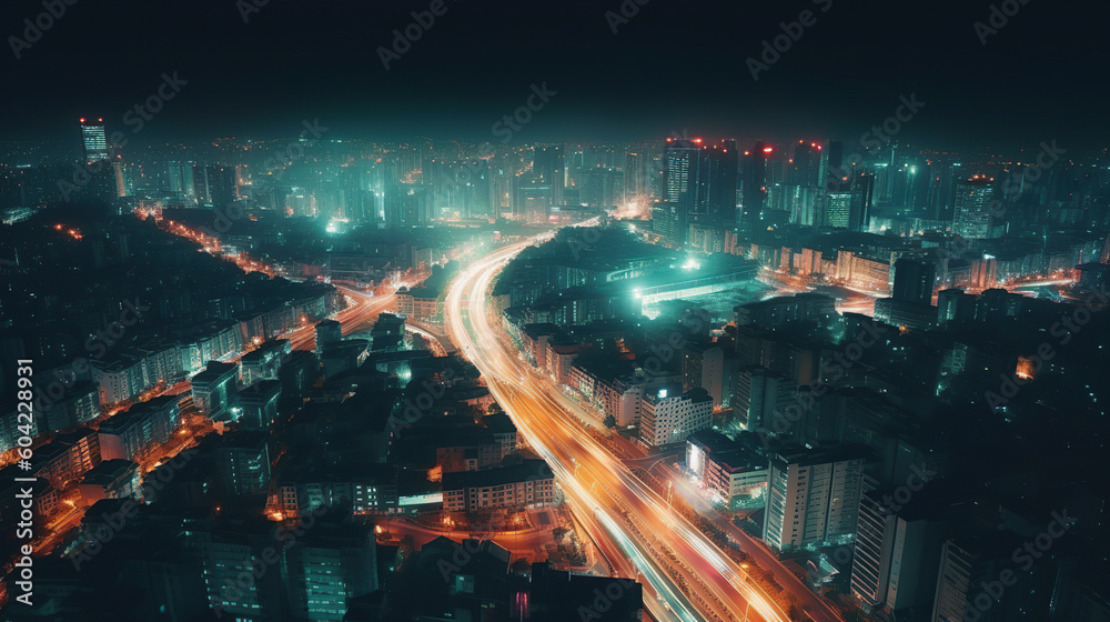 Night city aerial view defocused, dark background with  motion blur 