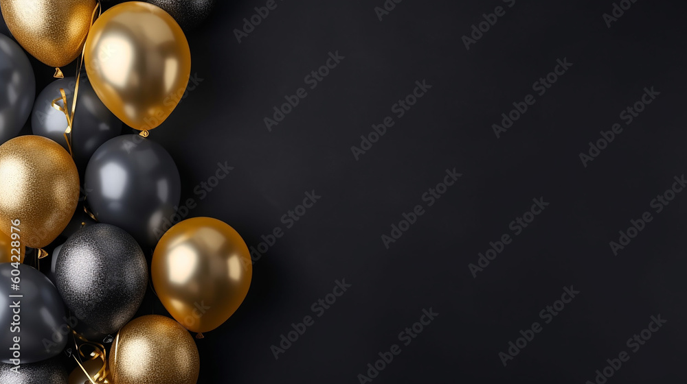 Gold balloons bunch on a black wall background. Generative AI - obrazy, fototapety, plakaty 