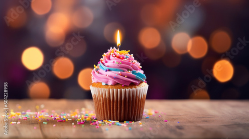 Delicious birthday cupcake on table on light background. Generative AI