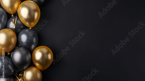 Gold balloons bunch on a black wall background. Generative AI photo