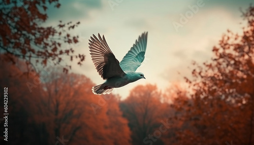 A majestic hawk spreads wings in tranquil autumn sunset generated by AI © Stockgiu