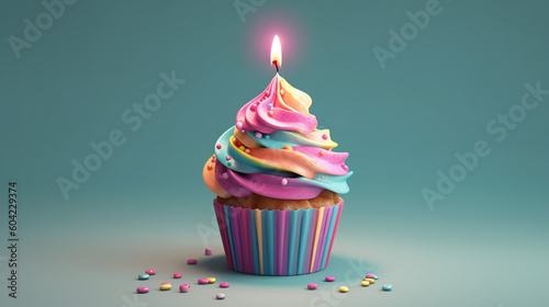 Colorful birthday cupcake with light candle in the middle. 