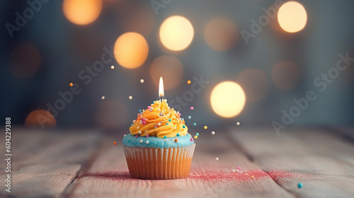 Yellow birthday cupcake with light candle in the middle. G