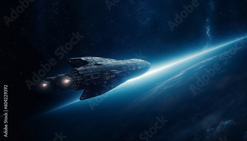 Fototapeta Naklejka Na Ścianę i Meble -  Futuristic spaceship flying through galaxy, orbiting dark nebula generated by AI