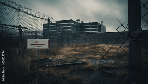 Warning: Danger Forbidden boundary Barbed wire No people Spooky abandoned generated by AI