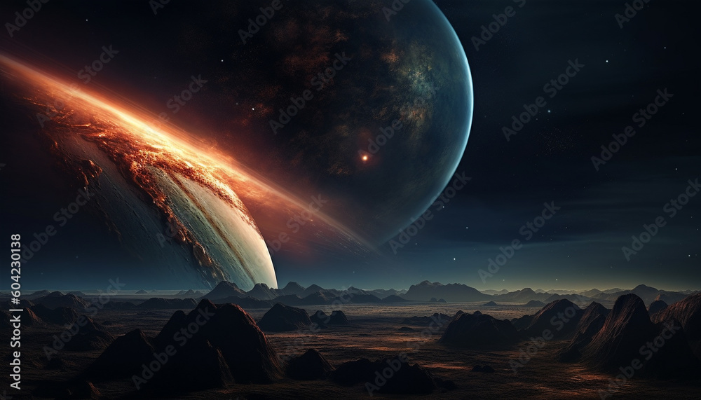 Spaceship orbits planet in majestic star field, glowing with futuristic technology generated by AI Spaceship orbits planet in majestic star field, glowing with futuristic technology generated by AI