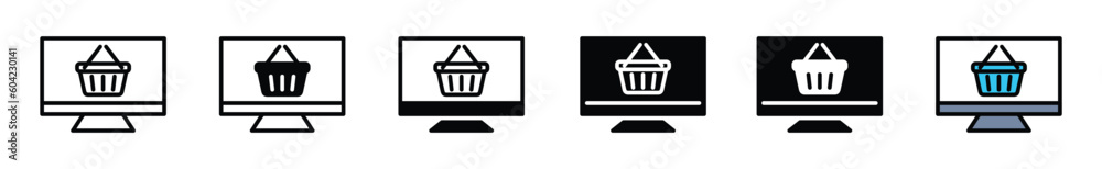 Online shop icon. Shopping cart or basket on computer icon vector in line, flat, and color style on white background with editable stroke for apps and websites. Vector illustration Online shop icon. Shopping cart or basket on computer icon vector in line, flat, and color style on white background with editable stroke for apps and websites. Vector illustration