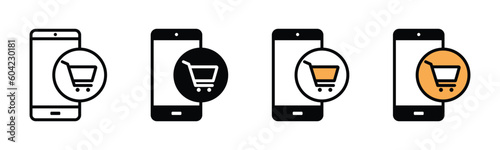Online shop icon. Shopping cart on smartphone icon vector in line, flat, and color style on white background with editable stroke for apps and websites. Vector illustration
