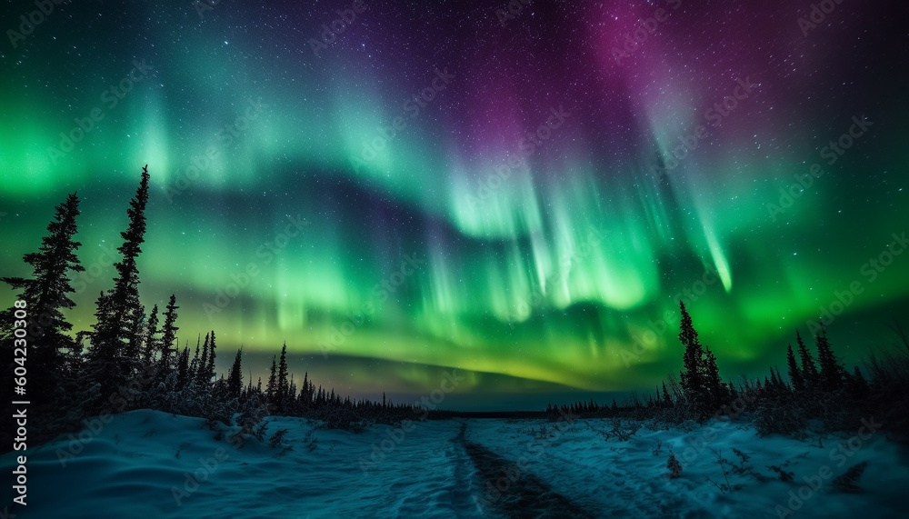 Night sky illuminated by aurora polaris over majestic mountain range generated by AI