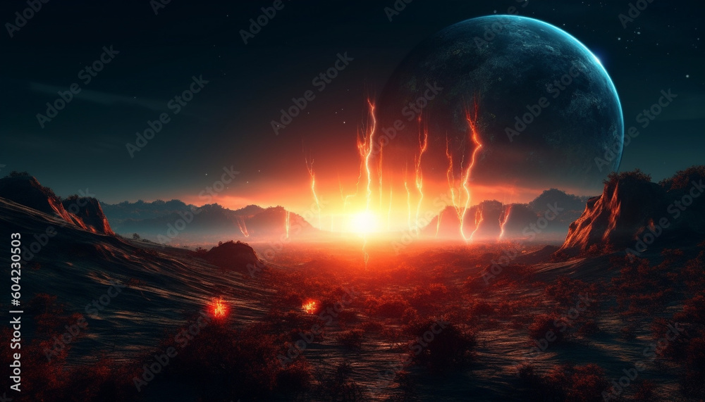 Majestic mountain range glows in moonlight, a spooky adventure awaits generated by AI Majestic mountain range glows in moonlight, a spooky adventure awaits generated by AI