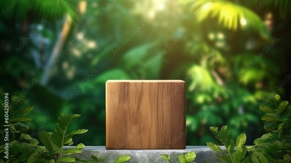 Wooden cube podium in tropical forest for product presentation. Wooden cube podium in tropical forest for product presentation.