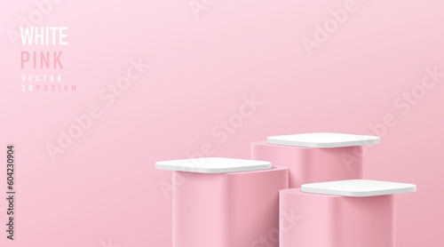 Realistic 3D white and soft pink round corner cube pedestal or stand podium set. Vector abstract geometric platforms design. Minimal scene cosmetic products stage showcase, Banner promotion display.