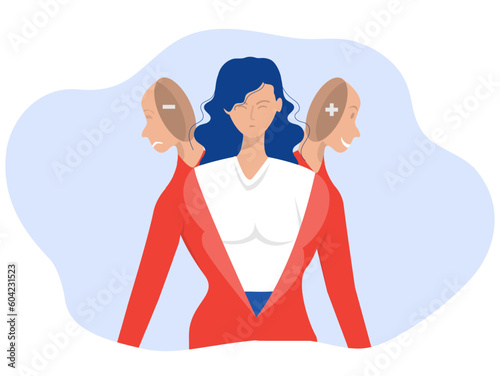  Bipolar disorder concept Business women confused different masks happy and sad imposter syndrome,fake faces and emotions. psychology mental vector Illustrator