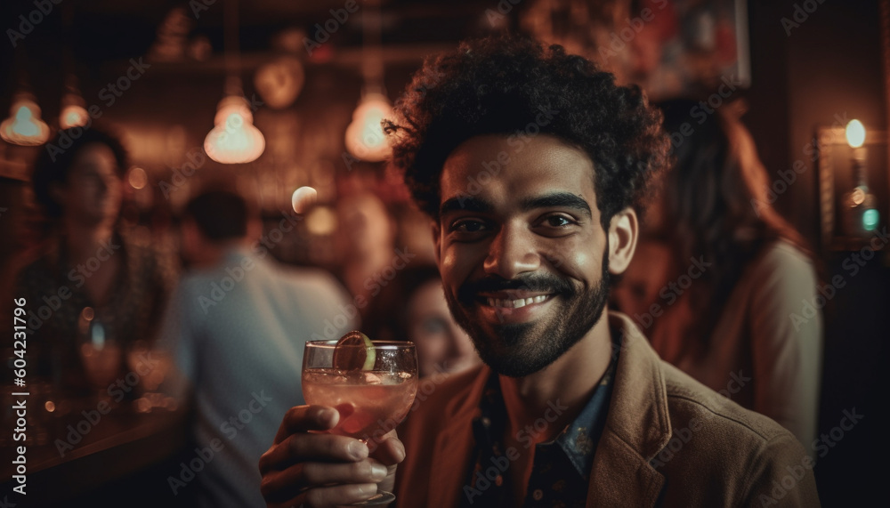 A multi ethnic group holding champagne, smiling at the camera generated by AI