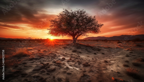 The tranquil silhouette of a tree against a fiery sunset generated by AI