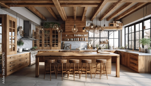 Rustic elegance in modern kitchen: stainless steel, hardwood, and decoration generated by AI
