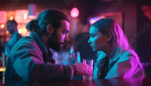 Young adults enjoy nightlife at a cheerful city bar together generated by AI