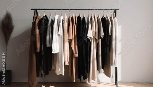 Elegant clothing collection hanging on coathangers in modern boutique generated by AI © Stockgiu