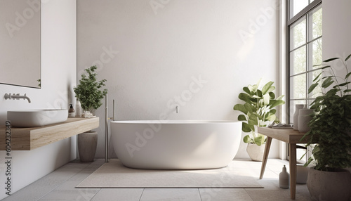 Modern elegance in a bright, clean bathroom with marble flooring generated by AI © Stockgiu